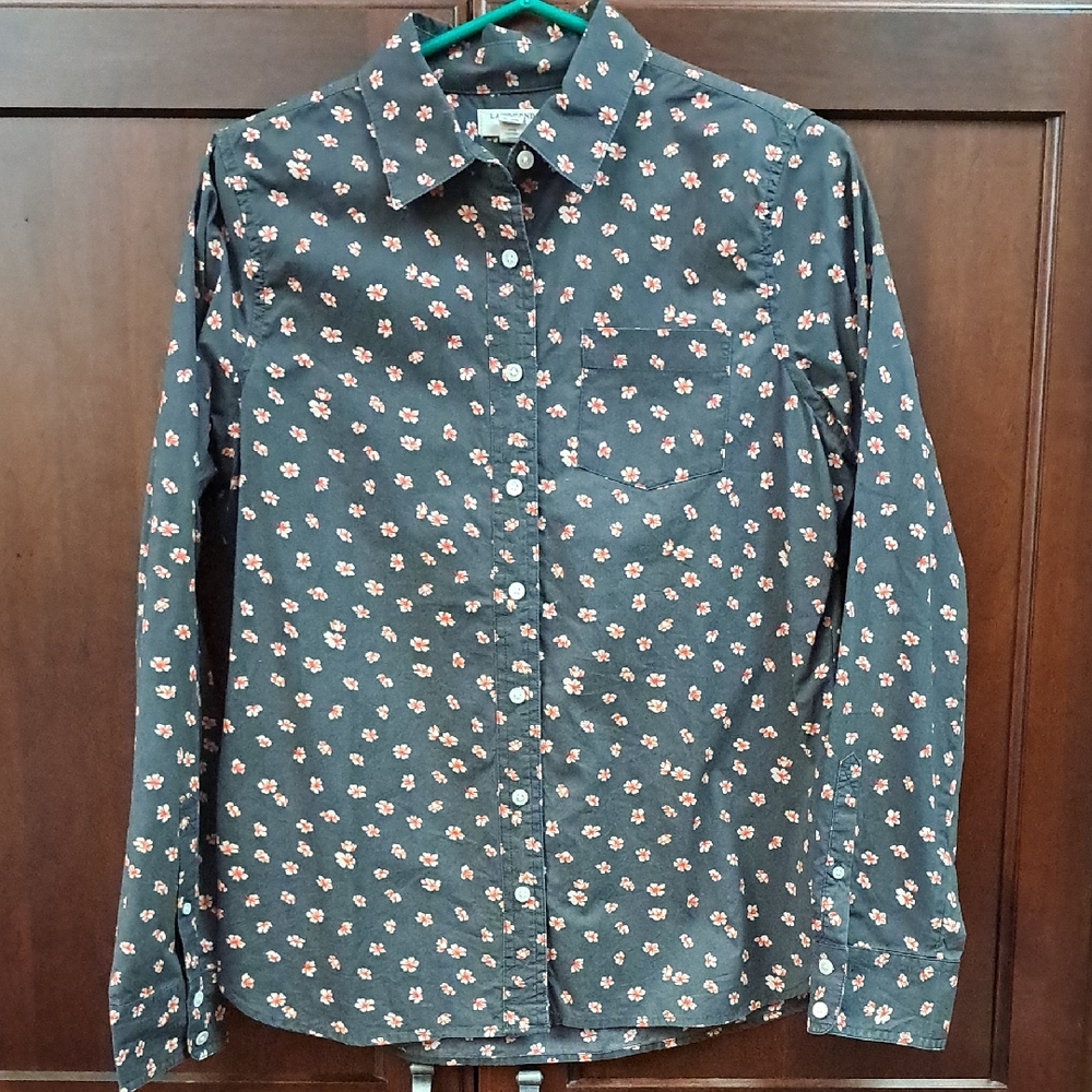 Lands' End Canvas 1963 Chocolate Brown Floral Women's Button Down Shirt